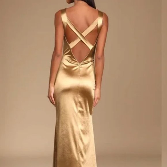 Lulu's Gold Satin Mermaid Maxi Dress - Picture 2 of 5